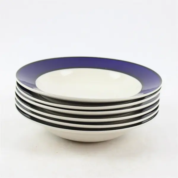 Set of 6 Gibson Everyday White Round Soup Bowls Cobalt Blue Band