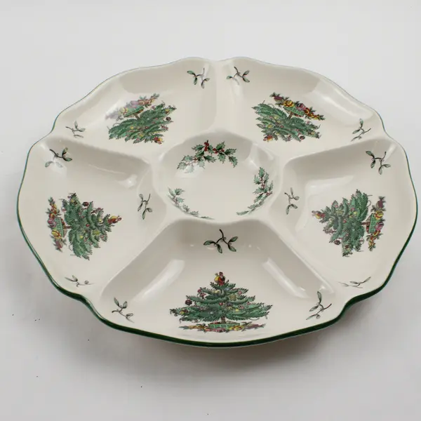 Spode Christmas Tree Pattern Ceramic Round Hors D'oeuvres Tray 11.75" Diameter