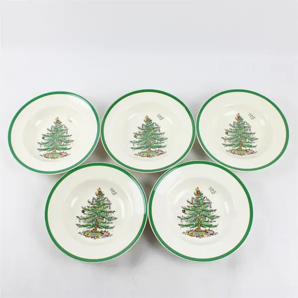 Lot Of 5 Spode Christmas Tree Pattern Large Rim Soup Bowls 9.25" Diameter