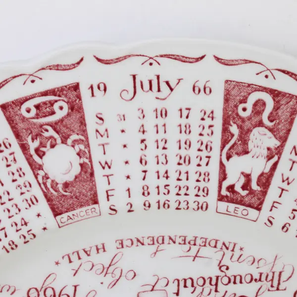 Royal Staffordshire Ceramic Plate 1966 Calendar, Red & White, 9" Round 