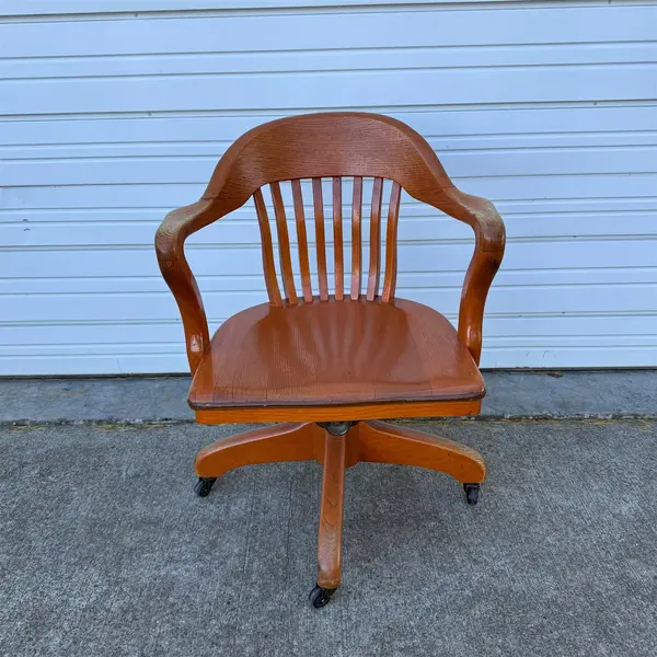 Vintage Solid Wood Swivel Rolling Bankers Chair W/ Slat Back - Local Pickup Only