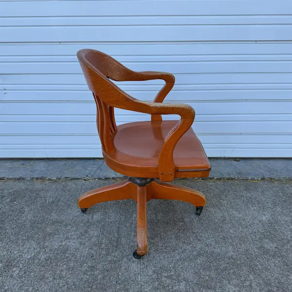 Vintage Solid Wood Swivel Rolling Bankers Chair W/ Slat Back - Local Pickup Only