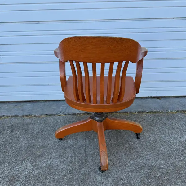 Vintage Solid Wood Swivel Rolling Bankers Chair W/ Slat Back - Local Pickup Only