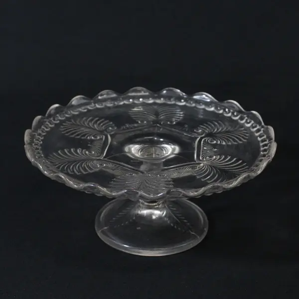 Antique U.S Glass  Clear Missouri 7" Diameter Cake Torte Compote Palm & Scroll