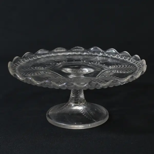 Antique U.S Glass  Clear Missouri 7" Diameter Cake Torte Compote Palm & Scroll