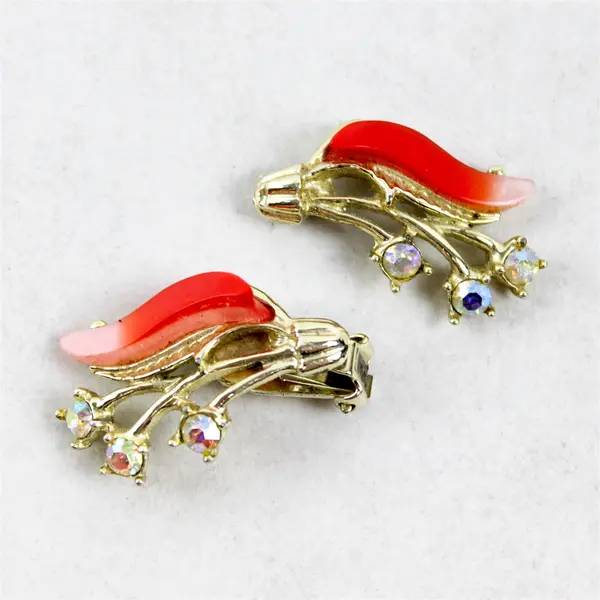 Pair of Vintage Enamel & Faux Rhinestone Clip-on Earrings, Floral Design 