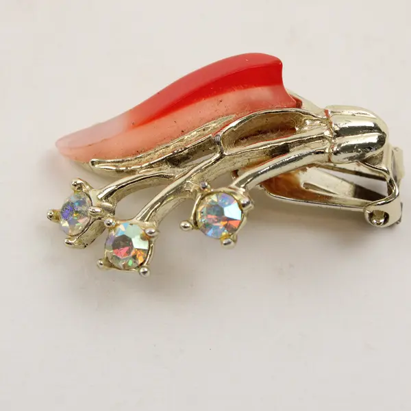 Pair of Vintage Enamel & Faux Rhinestone Clip-on Earrings, Floral Design 