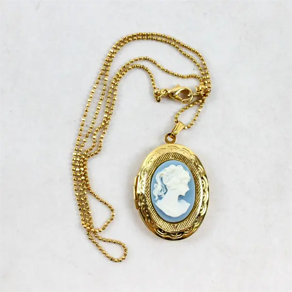 Blue Cameo Pendant Locket Necklace, Gold Colored