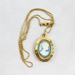 Blue Cameo Pendant Locket Necklace, Gold Colored
