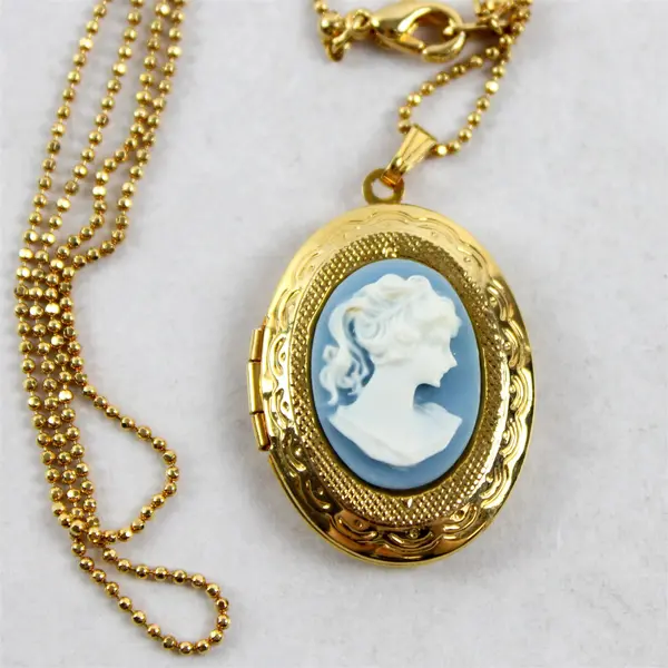 Blue Cameo Pendant Locket Necklace, Gold Colored