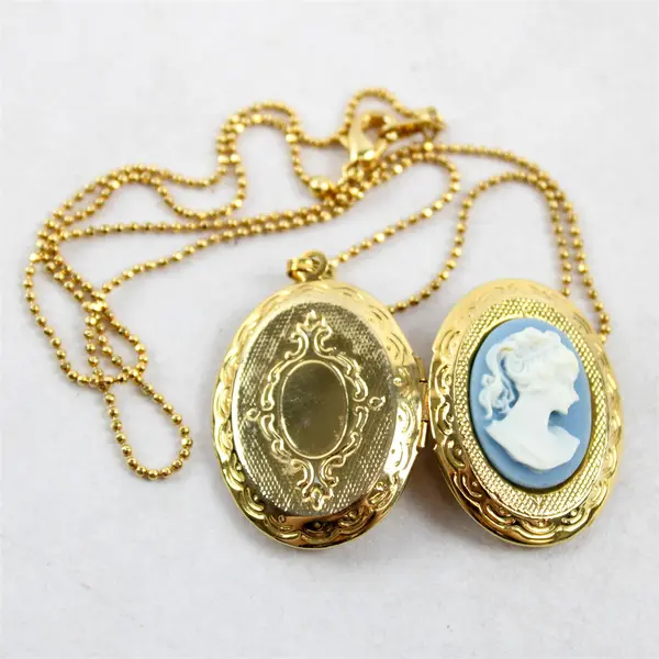 Blue Cameo Pendant Locket Necklace, Gold Colored
