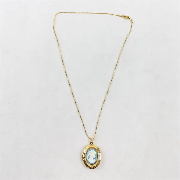 Blue Cameo Pendant Locket Necklace, Gold Colored