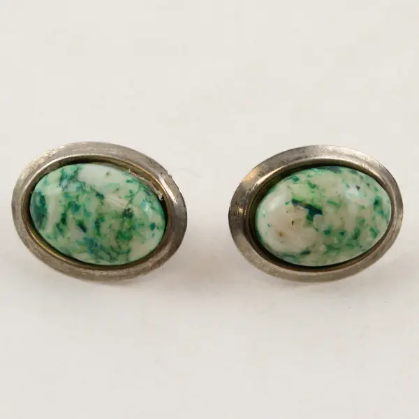 Pair of Vintage Pierced Earrings, Green Tone Enamel, Oval Shaped 