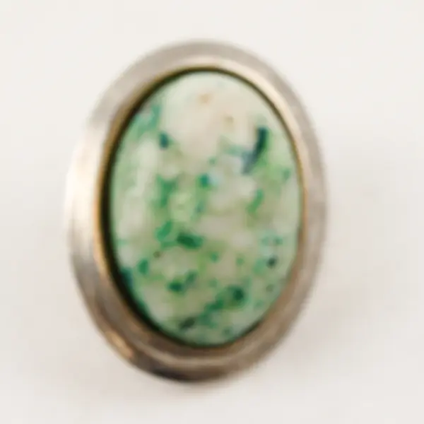 Pair of Vintage Pierced Earrings, Green Tone Enamel, Oval Shaped 