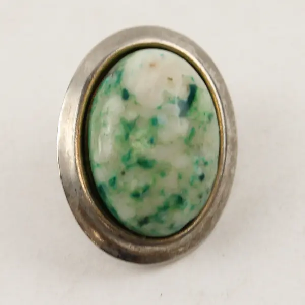 Pair of Vintage Pierced Earrings, Green Tone Enamel, Oval Shaped 