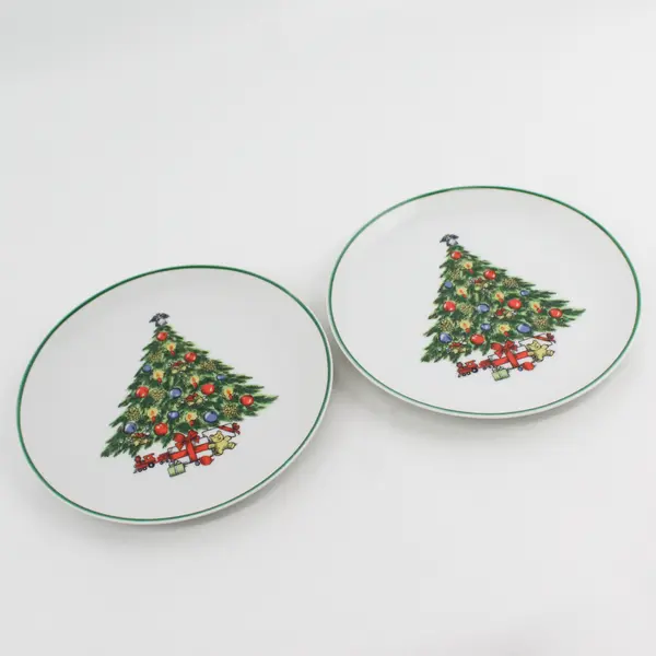 2 Stoneware Christmas Tree Salad Plates 7.75" Japan