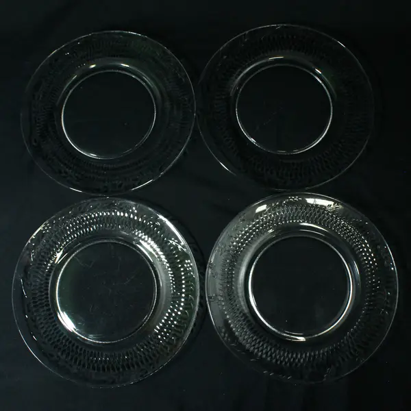 4 Clear Glass  8" Salad Plates Diamond Pattern w/ Flowers and Vines Around Rim