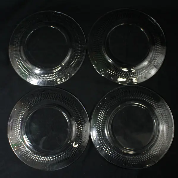 4 Clear Glass  8" Salad Plates Diamond Pattern w/ Flowers and Vines Around Rim