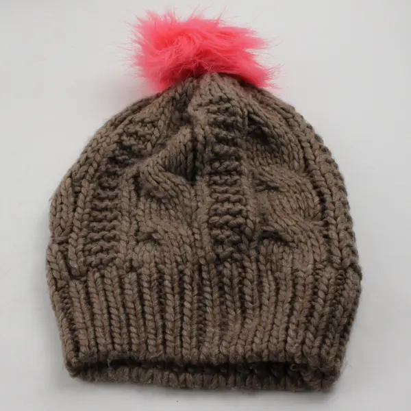 Aerie Women's Brown Cable Knit Beanie with Pink Pom One Size