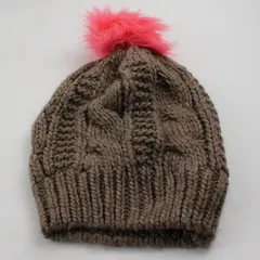 Aerie Women's Brown Cable Knit Beanie with Pink Pom One Size