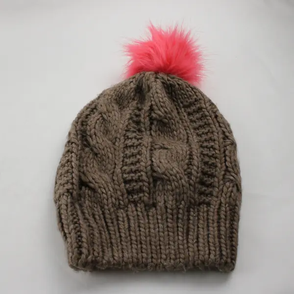 Aerie Women's Brown Cable Knit Beanie with Pink Pom One Size