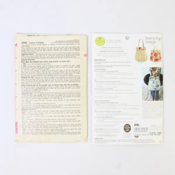 Lot of 2 Patterns Simplicity 5767 Stuffed Animals & Amy Butler Frenchy Bags