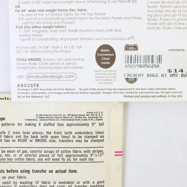 Lot of 2 Patterns Simplicity 5767 Stuffed Animals & Amy Butler Frenchy Bags