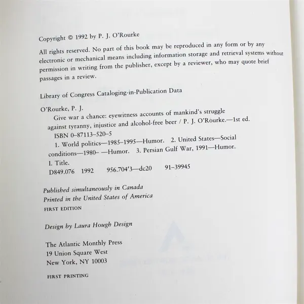 Give War a Chance by P.J. O'Rourke HC Political Humor Satire