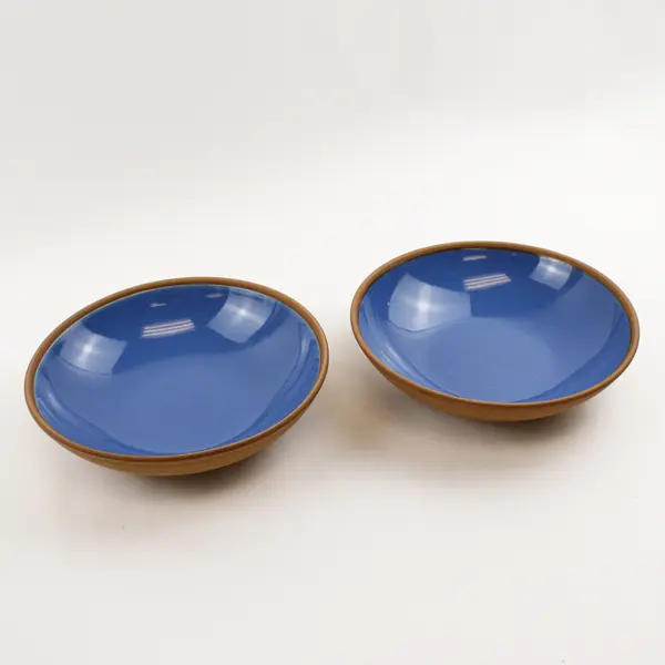 Lot Of 2 Unmarked Matching Blue/Brown Ceramic Round Soup Bowls 8.25" Diameter