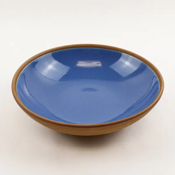 Lot Of 2 Unmarked Matching Blue/Brown Ceramic Round Soup Bowls 8.25" Diameter