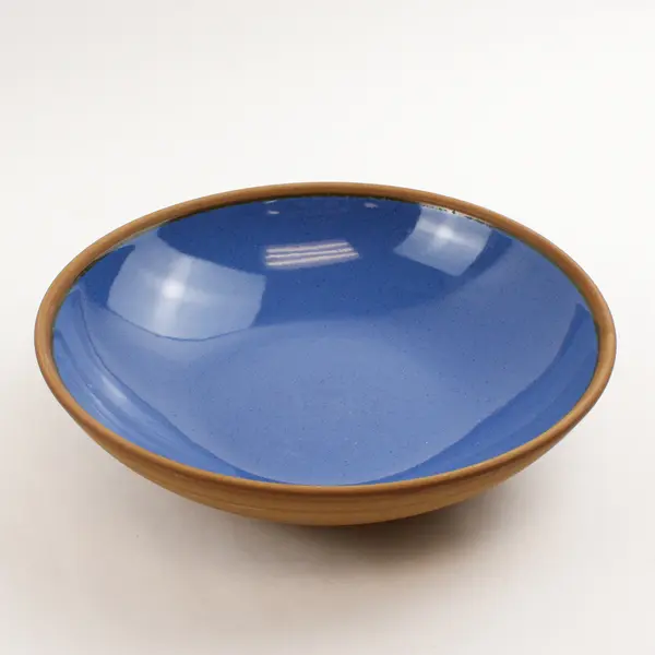 Lot Of 2 Unmarked Matching Blue/Brown Ceramic Round Soup Bowls 8.25" Diameter