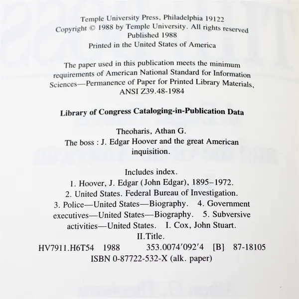 The Boss by Athan G Theoharis et al Hardcover Nonfiction History Politics Book