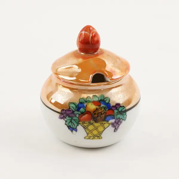 Noritake Orange W/ Fruit Lusterware Glaze Mustard Jar With Lid 2.5" Tall