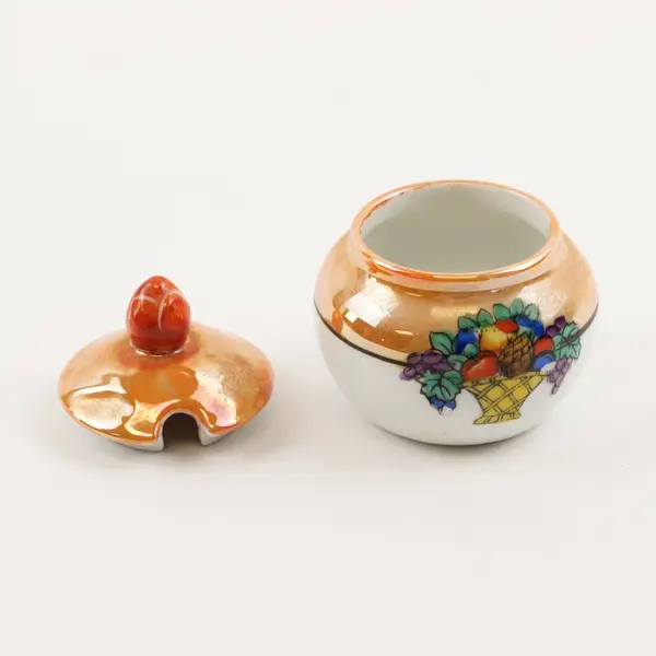 Noritake Orange W/ Fruit Lusterware Glaze Mustard Jar With Lid 2.5" Tall