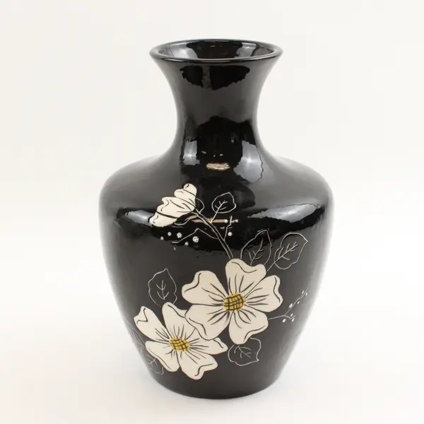 Unmarked Glossy Black With White Flowers Painted Bouquet Flower Vase 9.25" Tall