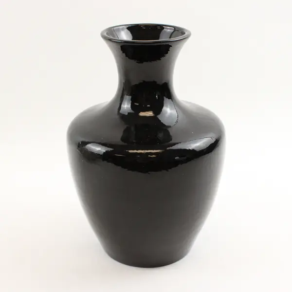 Unmarked Glossy Black With White Flowers Painted Bouquet Flower Vase 9.25" Tall