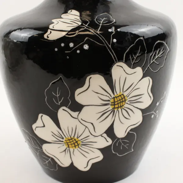 Unmarked Glossy Black With White Flowers Painted Bouquet Flower Vase 9.25" Tall