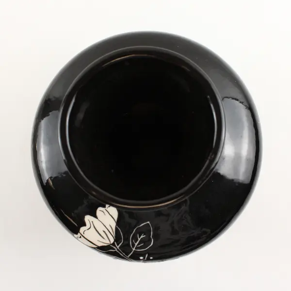 Unmarked Glossy Black With White Flowers Painted Bouquet Flower Vase 9.25" Tall