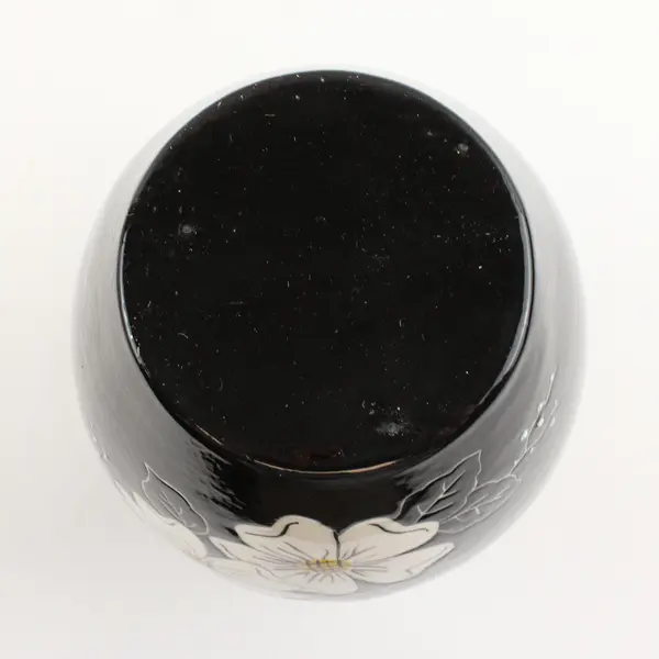 Unmarked Glossy Black With White Flowers Painted Bouquet Flower Vase 9.25" Tall