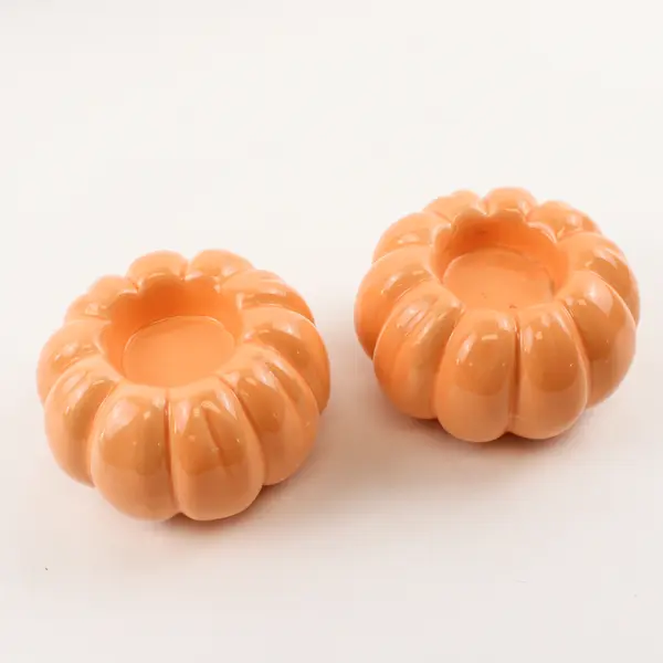 Lot Of 2 Unbranded Peach Pink Matching Ceramic Pumpkin Shaped Candle Holders
