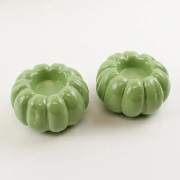 Lot Of 2 Unbranded Light Green Matching Ceramic Pumpkin Shaped Candle Holders