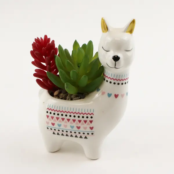 Unbranded White Ceramic Llama Shaped Fake Succulent Planter Decor 5.25" Tall