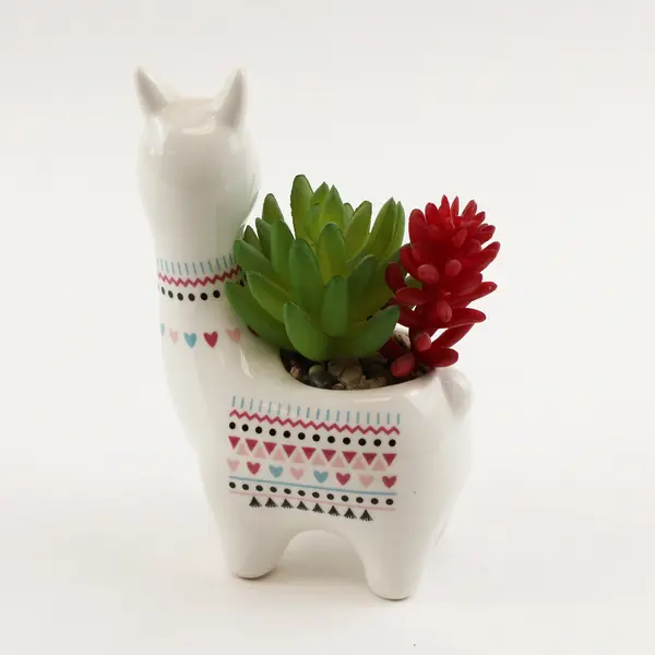 Unbranded White Ceramic Llama Shaped Fake Succulent Planter Decor 5.25" Tall