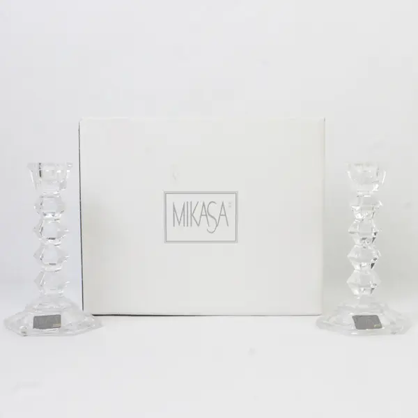 Set Of 2 Mikasa Jewelstone Patterned Clear Glass Candlestick Holders 5.5" Tall