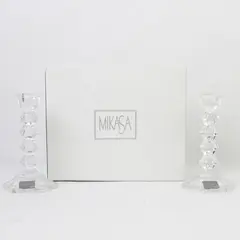 Set Of 2 Mikasa Jewelstone Patterned Clear Glass Candlestick Holders 5.5" Tall