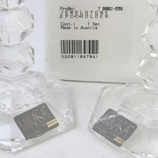 Set Of 2 Mikasa Jewelstone Patterned Clear Glass Candlestick Holders 5.5" Tall