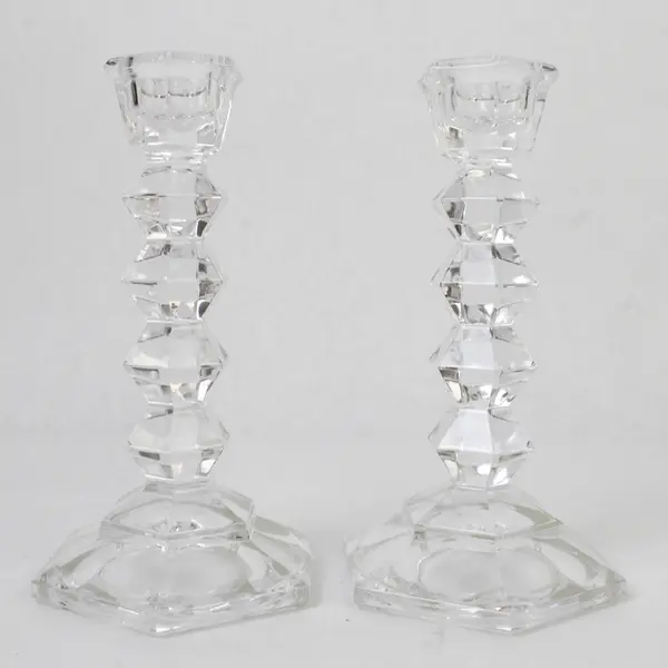 Set Of 2 Mikasa Jewelstone Patterned Clear Glass Candlestick Holders 5.5" Tall