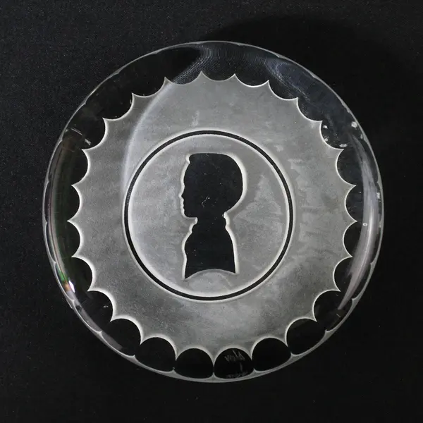 Round Art Glass Paperweight With Boy Silhouette On Etched Background Signed