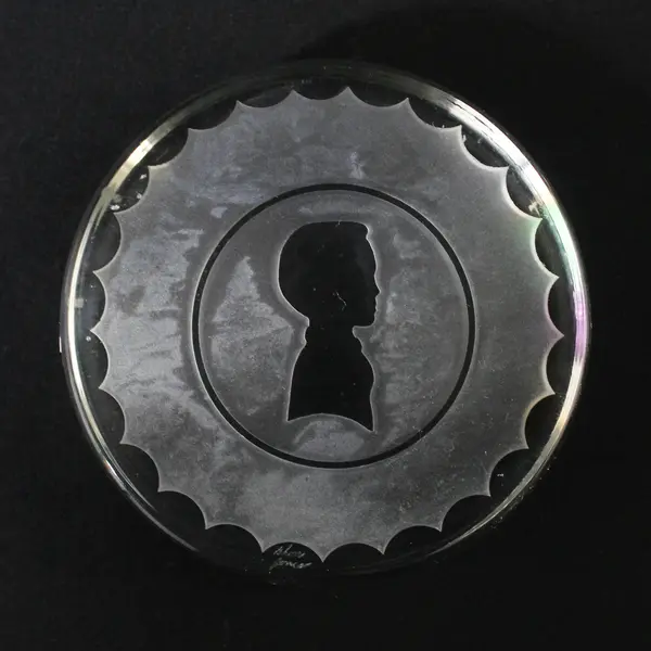 Round Art Glass Paperweight With Boy Silhouette On Etched Background Signed