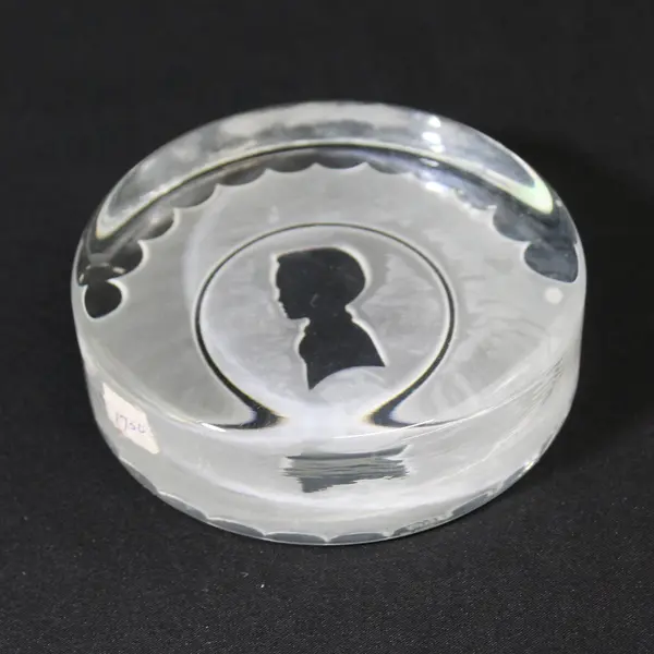 Round Art Glass Paperweight With Boy Silhouette On Etched Background Signed